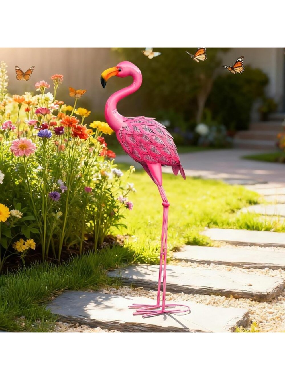 Large Pink Flamingo Garden Statue - Metal Yard Art for Outdoor Decor, Patio